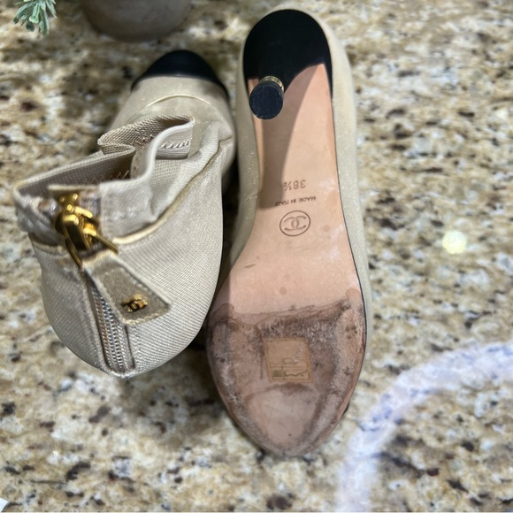 Chanel Black Gold Beige Mesh Satin CC Interlocking Cap Toe Ankle Booties 38.5 - Picture 12 of 14